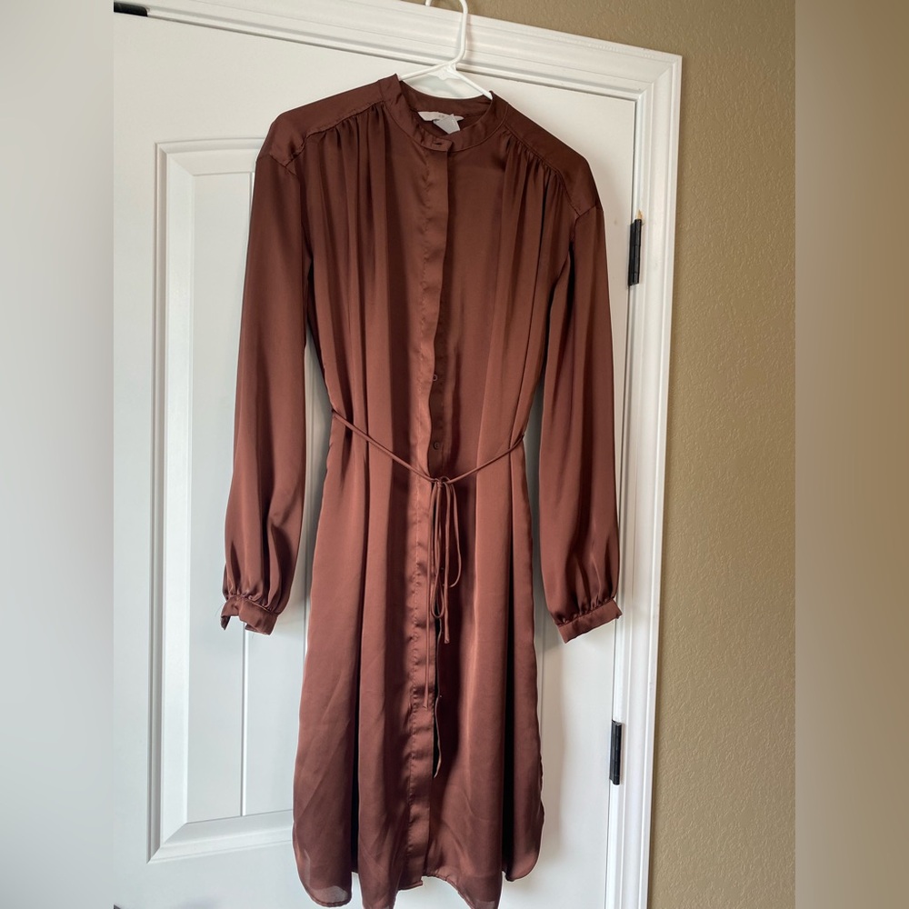 H&M long sleeve button down satin copper dress
